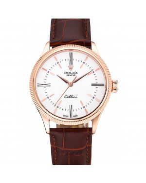 Swiss Rolex Cellini Time Gold Case White Dial Brown Leather Bracelet 622655