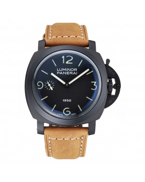 Panerai Luminor Black Ionized Stainless Steel Case Black Dial Brown Suede Leather Strap