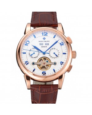 Patek Philippe Perpetual Calendar Tourbillon White Dial Rose Gold Case Brown Leather Strap