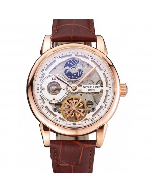 Patek Philippe Dual Time Moonphase Tourbillon White Skeletonised Dial Rose Gold Case Brown Leather Strap