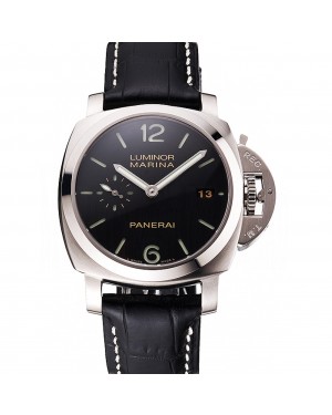 Swiss Panerai Luminor Marina Date Black Dial Stainless Steel Case Black Leather Strap