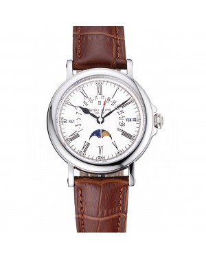 Patek Philippe Perpetual Calendar Retrograde Date White Dial Silver Case Brown Leather Bracelet 1454149