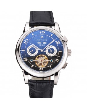 Patek Philippe Perpetual Calendar Tourbillon Black Dial Stainless Steel Case Black Leather Strap
