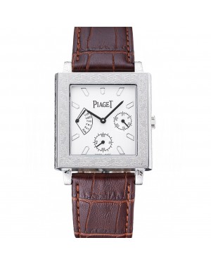 Piaget Emperador Limited Edition White Dial Engraved Silver Case Brown Leather Bracelet 1454138