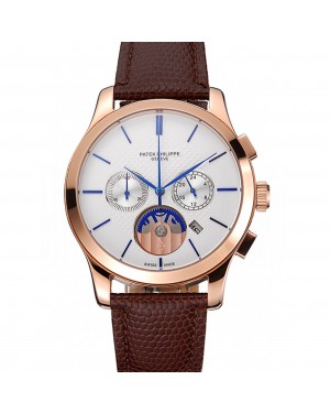 Patek Philippe Chronograph White Dial Rose Gold Case Brown Leather Strap