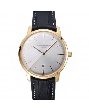 Swiss Vacheron Constantin Patrimony White Dial Gold Case Black Leather Bracelet 1454177