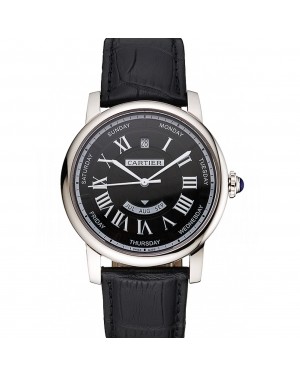 Swiss Cartier Rotonde Annual Calendar Black Dial Stainless Steel Case Black Leather Strap