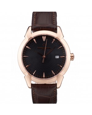 Swiss Vacheron Constantin Traditionnelle Black Dial Rose Gold Case Brown Leather Bracelet