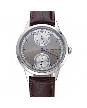 Patek Philippe Geneve Two Dial Gray Dial Stainless Steel Bezel Brown Leather Band 622147