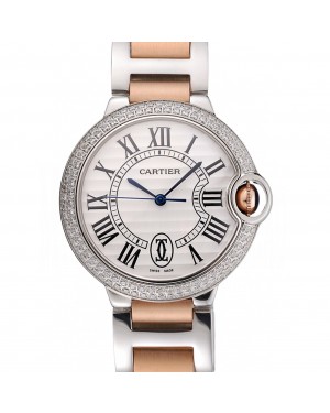 Swiss Ballon Blue De Cartier Diamond Steel Case White Dial Roman Numerals Two Tone Bracelet 622647