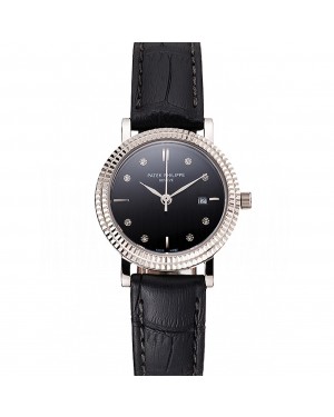 Patek Philippe Calatrava Black Dial Diamond Hour Marks Double Ribbed Bezel Stainless Steel Case Black Leather Strap