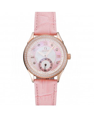 Omega DeVille Prestige Pink Dial Gold Diamond Case Pink Leather Bracelet 1454126