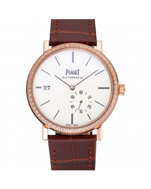 Piaget Altiplano Diamond Gold Case White Dial Brown Leather Bracelet 622627