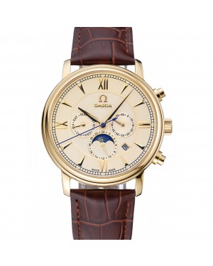 Omega De Ville Moonphase Gold Dial And Case Brown Leather Bracelet 1454228