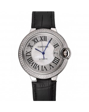 Swiss Cartier Ballon Bleu 46 MM Diamond Dial Diamond Case Black Leather Bracelet 1453894