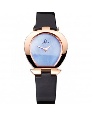 Omega Ladies Watch Sky Blue Dial Gold Case Black Leather Strap 622821
