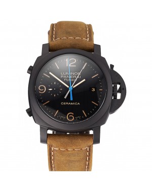 Swiss Panerai Luminor Ceramica Flyback Chronograph Black Dial Black Case Brown Leather Strap