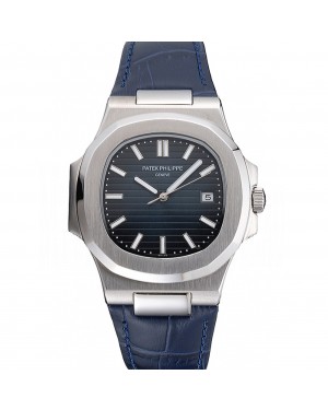 Patek Philippe Nautilus Blue Dial Brushed Stainless Steel Case Blue Leather Strap