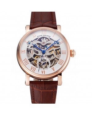 Patek Philippe Grand Complications White Skeleton Dial Rose Gold Case Brown Leather Strap 1453808