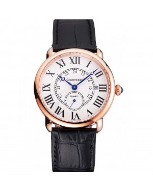 Cartier Ronde Louis Cartier White Dial Gold Case Black Leather Strap