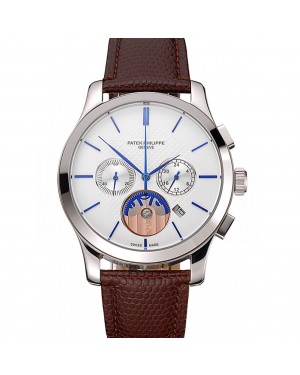 Patek Philippe Chronograph White Dial Blue Hands Stainless Steel Case Brown Leather Strap