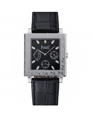 Piaget Emperador Limited Edition Black Dial Engraved Silver Case Black Leather Bracelet 1454136