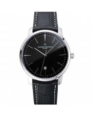 Swiss Vacheron Constantin Patrimony Black Dial Silver Case Black Leather Bracelet 1454156