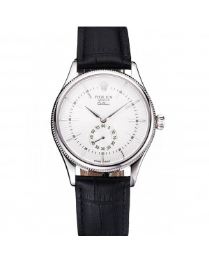 Swiss Rolex Cellini White Dial Stainless Steel Case Black Leather Strap