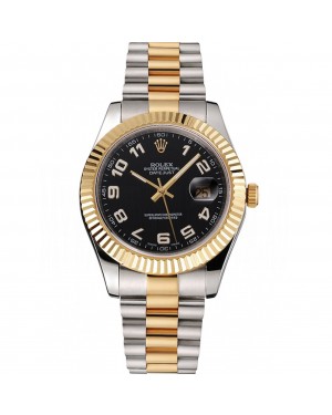 Swiss Rolex Datejust Black Dial Gold Bezel Stainless Steel Case Two Tone Bracelet