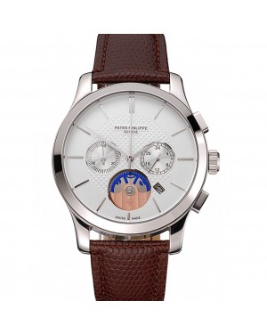 Patek Philippe Chronograph White Dial Stainless Steel Case Brown Leather Strap