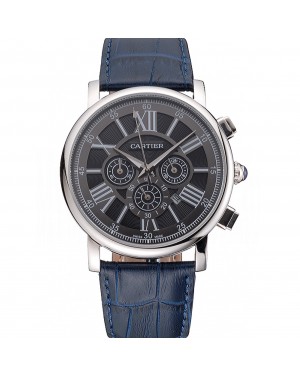 Cartier Rotonde Chronograph Black Dial Stainless Steel Case Blue Leather Strap
