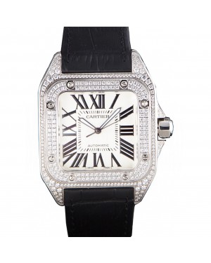Swiss Cartier Santos Silver Bezel with Diamonds and Black Leather Strap sct47 621531