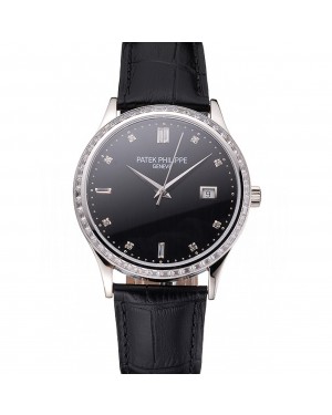 Swiss Patek Philippe Calatrava Black Dial Diamond Bezel Stainless Steel Case Black Leather Strap