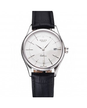 Swiss Rolex Cellini Date White Dial Stainless Steel Case Black Leather Strap