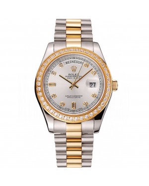 Swiss Rolex Day-Date White Dial Gold Diamond Case Two Tone Stainless Steel Bracelet 1453972