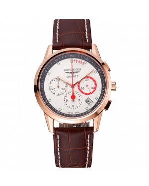 Longines Column Wheel White Dial Gold Case Brown Leather Strap