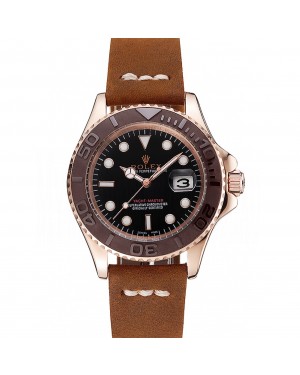 Rolex Yacht Master Black Dial Brown Bezel Rose Gold Case Brown Leather Bracelet 1453860