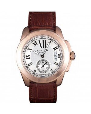 Cartier Calibre White Dial Gold Case Brown Leather Bracelet