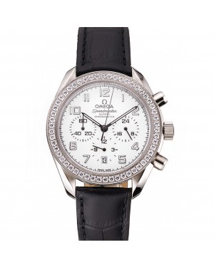 Omega Speedmaster White Dial Stainless Steel Case Diamond Bezel Black Leather Strap