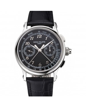 Swiss Patek Philippe Split Seconds Chronograph Black Dial Stainless Steel Case Black Leather Strap