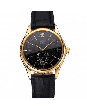 Swiss Rolex Cellini Black Dial Gold Case Black Leather Strap