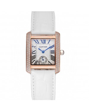 Cartier Tank MC Gold Diamond Case White Dial White Leather Strap 622169