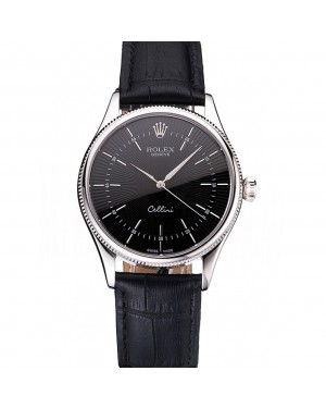 Swiss Rolex Cellini Black Dial Steel Case Black Leather Strap