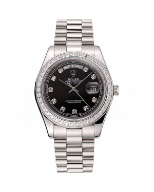 Swiss Rolex Day-Date Black Dial Diamond Case Diamond Numerals Stainless Steel Bracelet 1453965