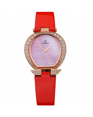 Omega Ladies Watch Pink Dial Gold Case With Diamonds Red Leather Strap 622831