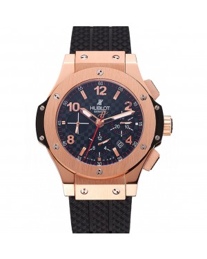 Swiss Hublot Big Bang Carbon Effect Dial Rose Gold Case Black Rubber Bracelet 1453897
