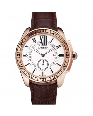 Cartier Calibre De Cartier Small Seconds White Dial Rose Gold Case Brown Leather Strap