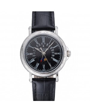 Patek Philippe Perpetual Calendar Retrograde Date Black Dial Engraved Silver Case Black Leather Bracelet 1454146