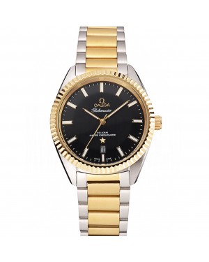 Omega Globemaster Black Dial Stainless Steel Case Gold Bezel Two Tone Bracelet