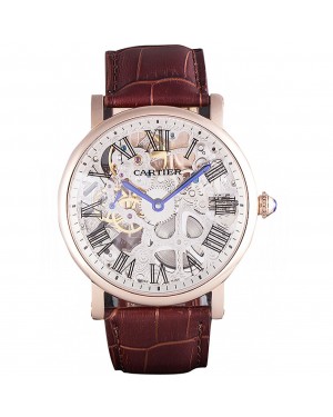 Cartier Luxury Skeleton Watch with Rose Gold Bezel and Brown Leather Band 621557